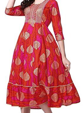 NEW Women's Cotton Relaxed Fit A Line Sequins Embroidery Work Foil Printed Kurti